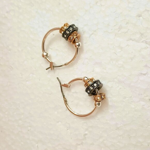 Nine West Tri Tone Hoop Earrings Slider Beads with Rhinestones - Picture 7 of 9